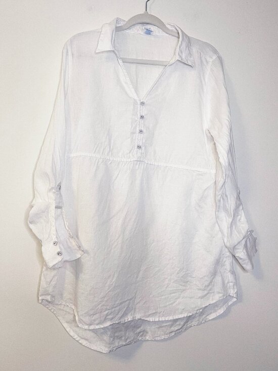 Sigrid Olsen Tops - Sigrid Olsen 100% Linen White Popover Button Front Blouse Medium Resortwear